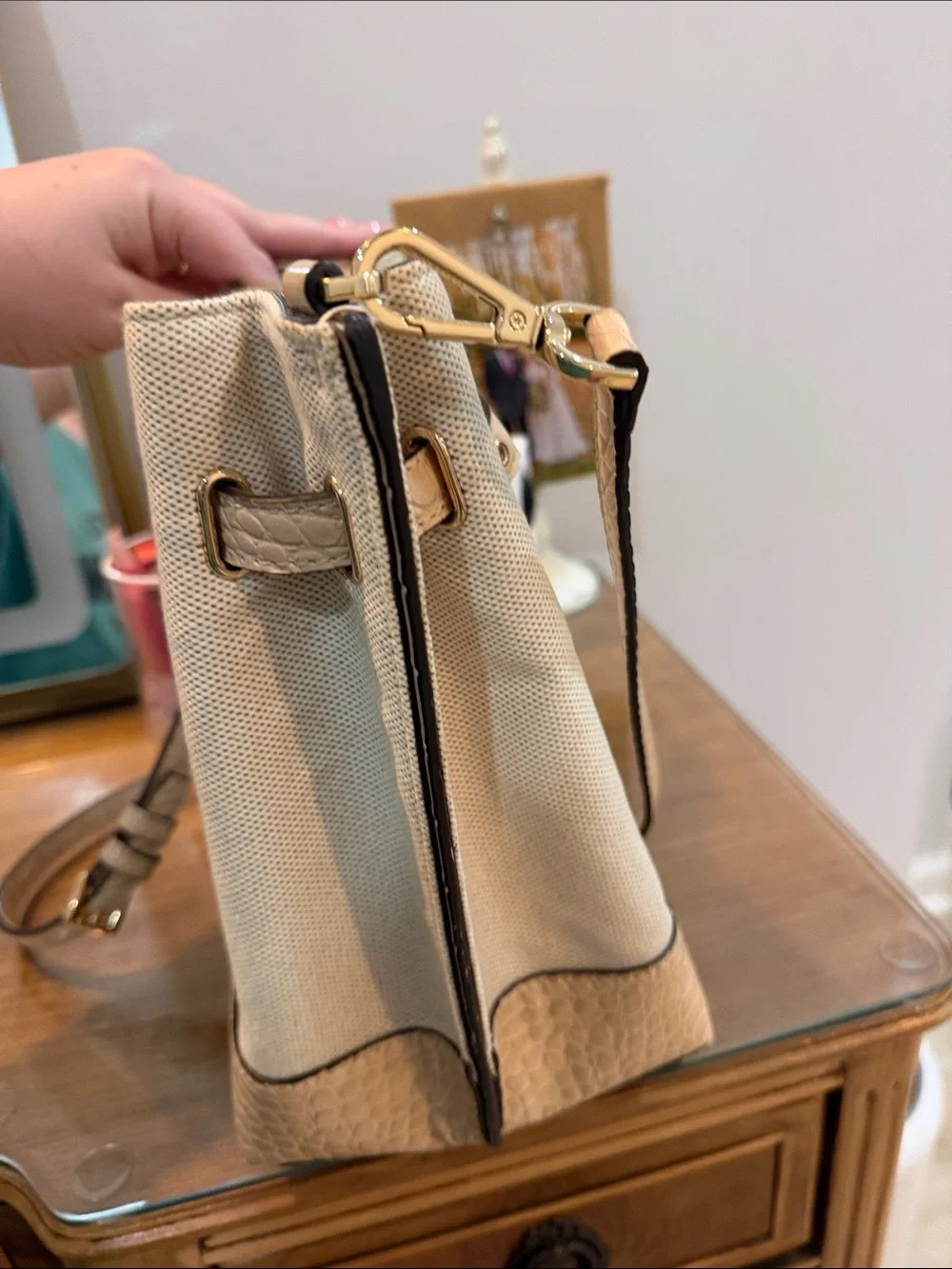 Michael Kors Tan Crossbody Bucket Bag with Croc-Trim